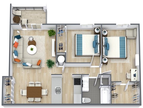 A top down view of a small apartment with a kitchen, living room, and bathroom.